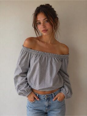 Brandy Melville Off-Shoulder Crop TopGray Striped RETIRED Coquette